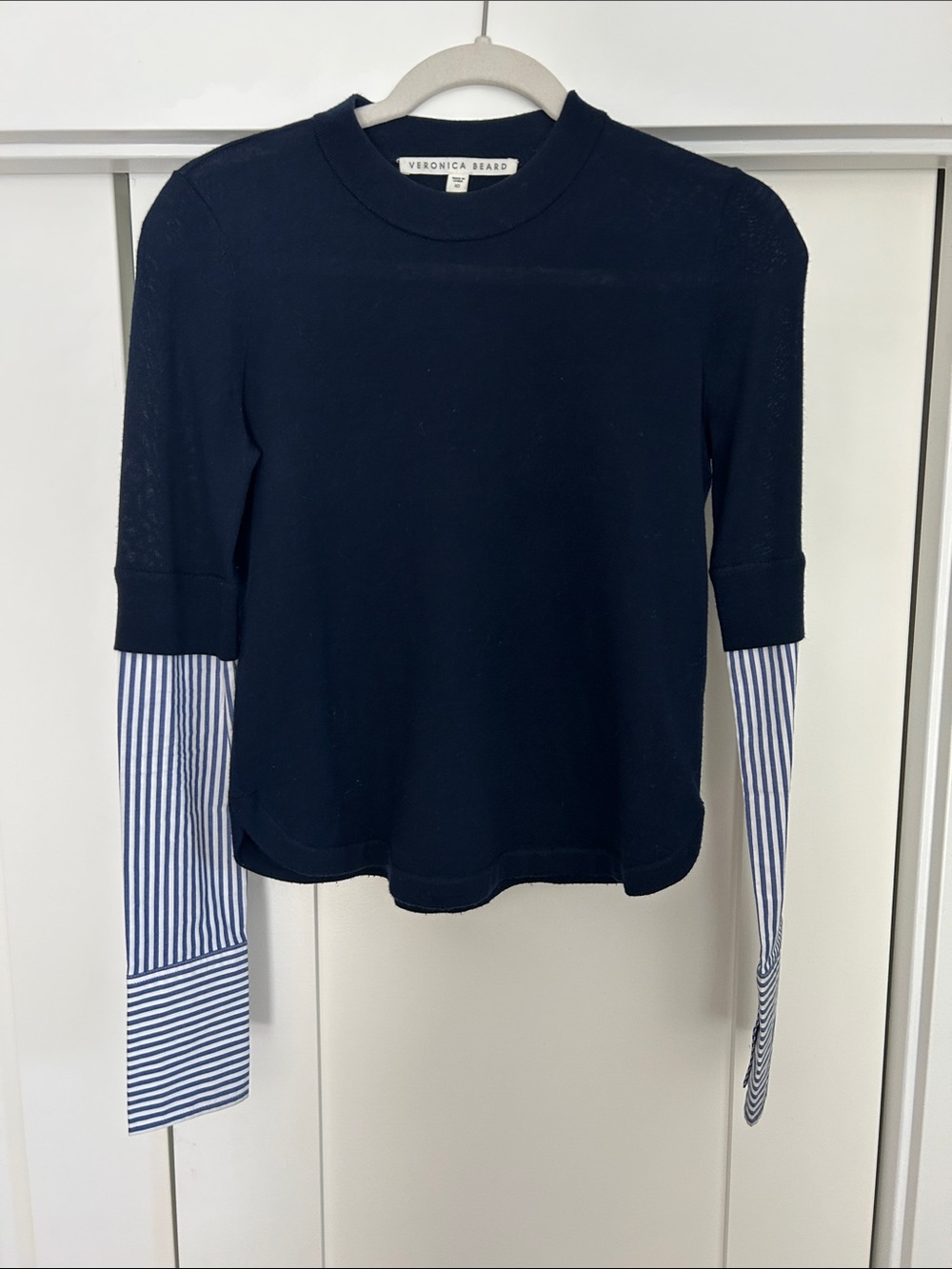 Veronica Beard Navy Top with Blue-White Striped Sleeves